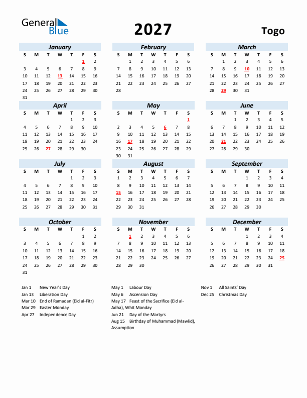 2027 Calendar for Togo with Holidays