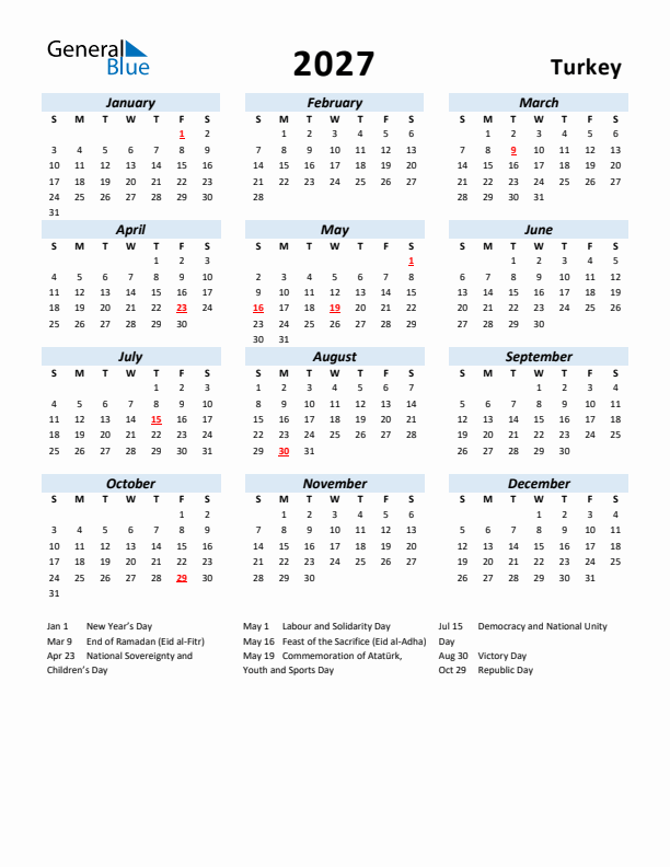 2027 Calendar for Turkey with Holidays