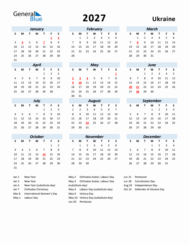 2027 Calendar for Ukraine with Holidays