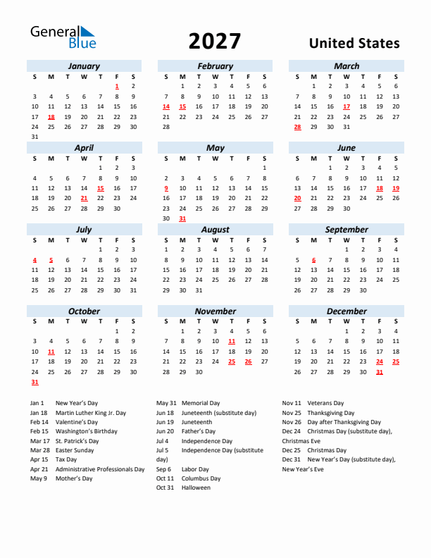 2027 Calendar for United States with Holidays