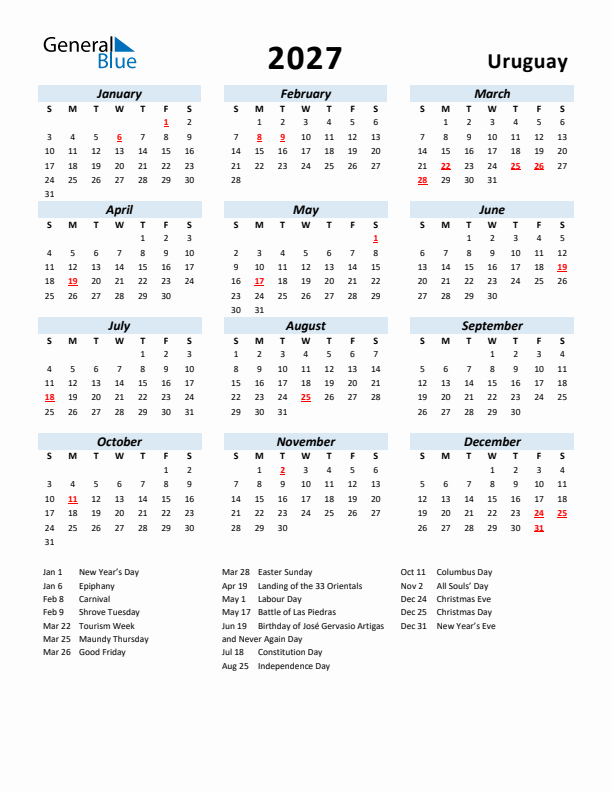2027 Calendar for Uruguay with Holidays