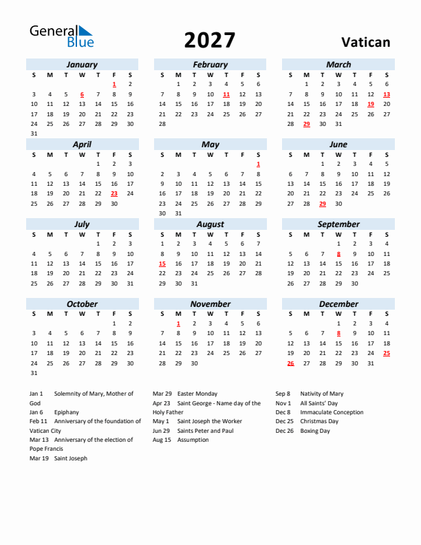 2027 Calendar for Vatican with Holidays