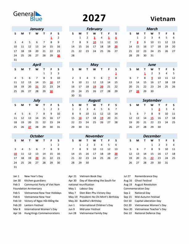 2027 Calendar for Vietnam with Holidays