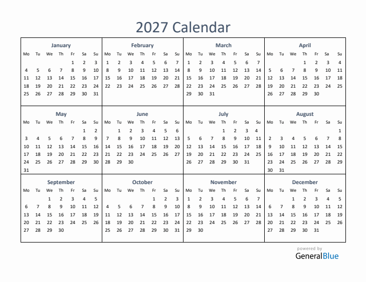 One-Page Yearly Calendar 2027 in PDF, Excel, Word