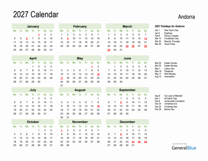 Holiday Calendar 2027 for Andorra (Monday Start)
