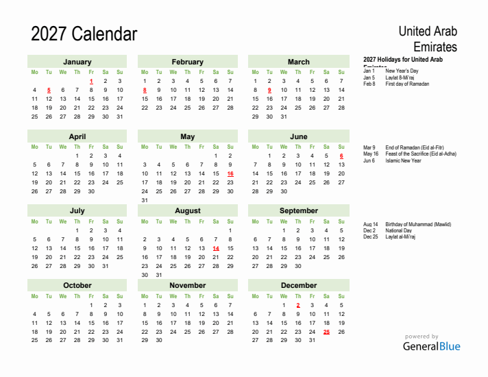 Holiday Calendar 2027 for United Arab Emirates (Monday Start)