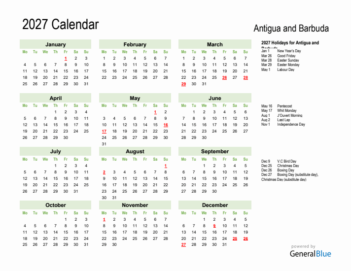 Holiday Calendar 2027 for Antigua and Barbuda (Monday Start)