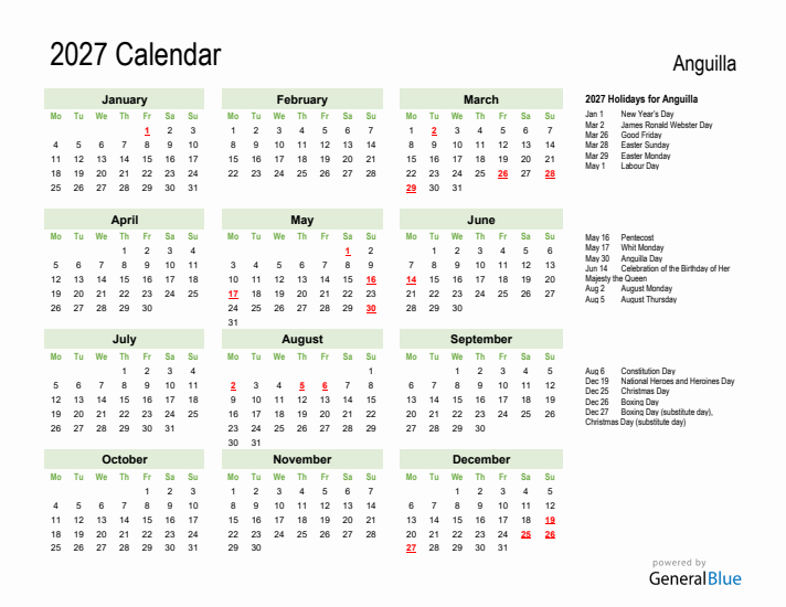 Holiday Calendar 2027 for Anguilla (Monday Start)