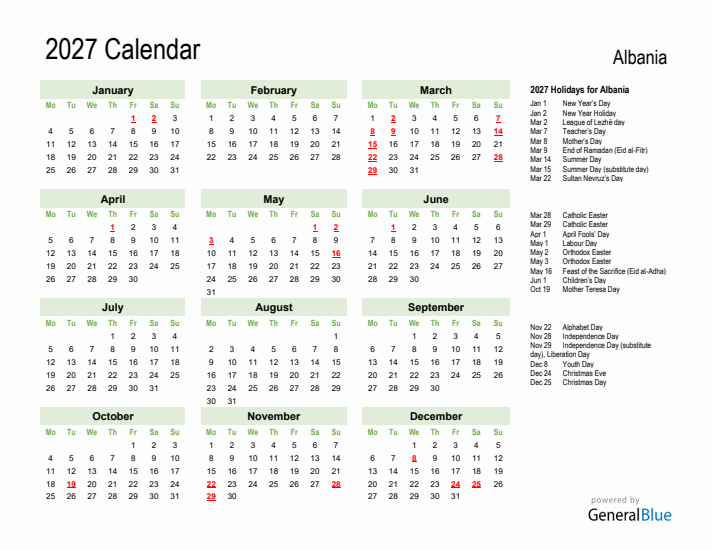 Holiday Calendar 2027 for Albania (Monday Start)