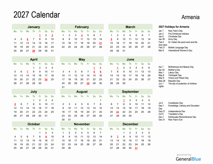 Holiday Calendar 2027 for Armenia (Monday Start)