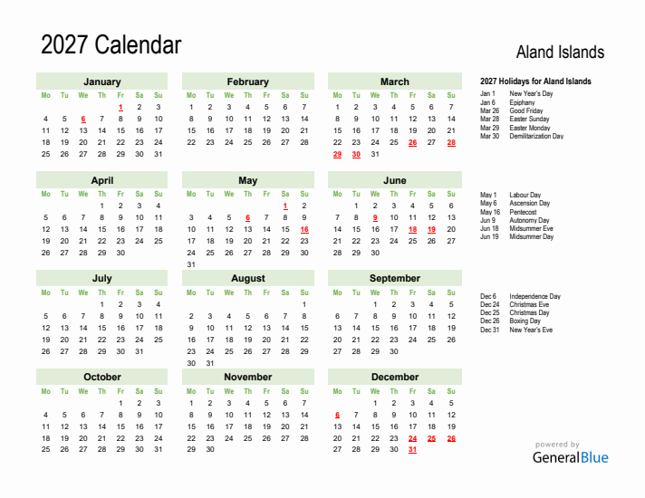 Holiday Calendar 2027 for Aland Islands (Monday Start)