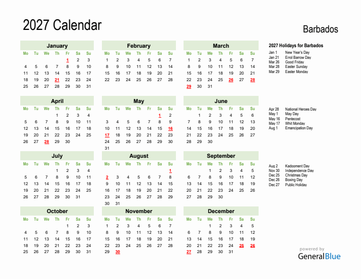 Holiday Calendar 2027 for Barbados (Monday Start)