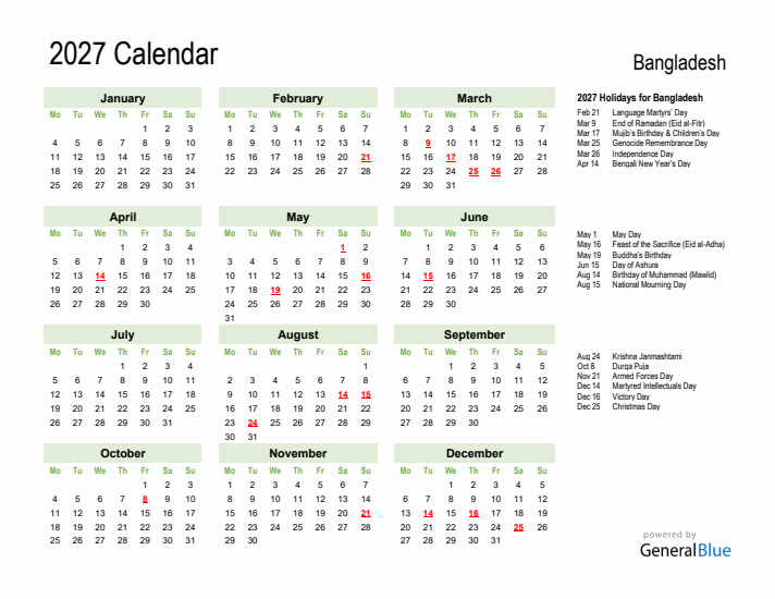 Holiday Calendar 2027 for Bangladesh (Monday Start)