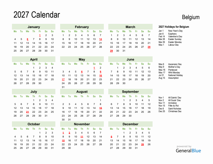 Holiday Calendar 2027 for Belgium (Monday Start)