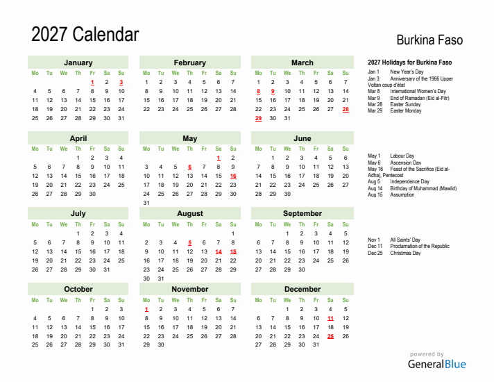 Holiday Calendar 2027 for Burkina Faso (Monday Start)