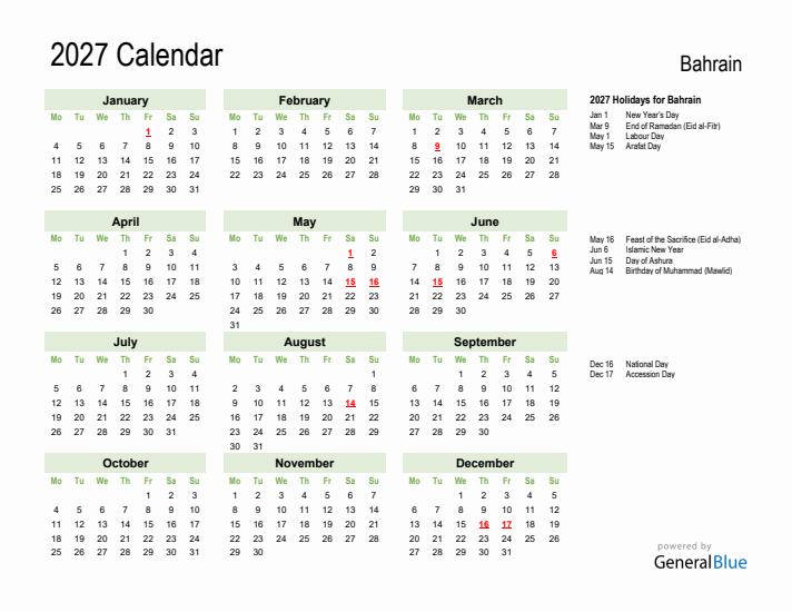 Holiday Calendar 2027 for Bahrain (Monday Start)