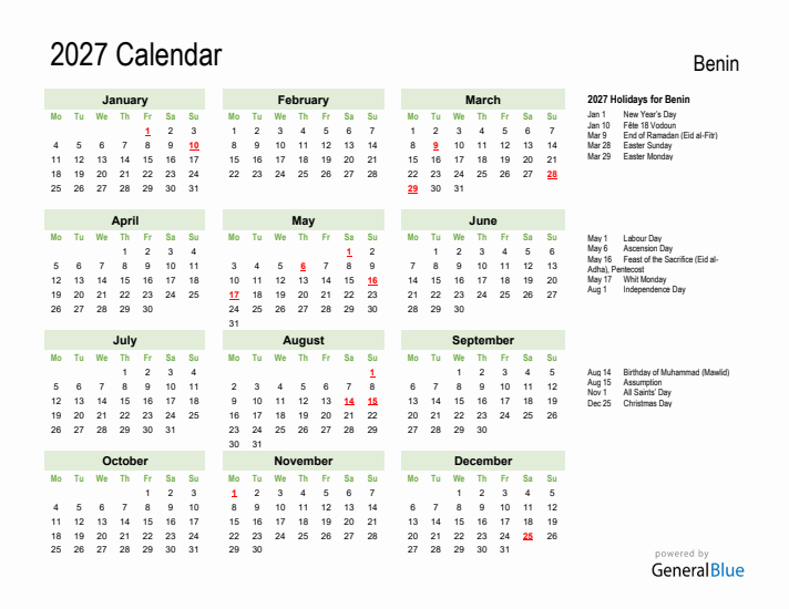 Holiday Calendar 2027 for Benin (Monday Start)