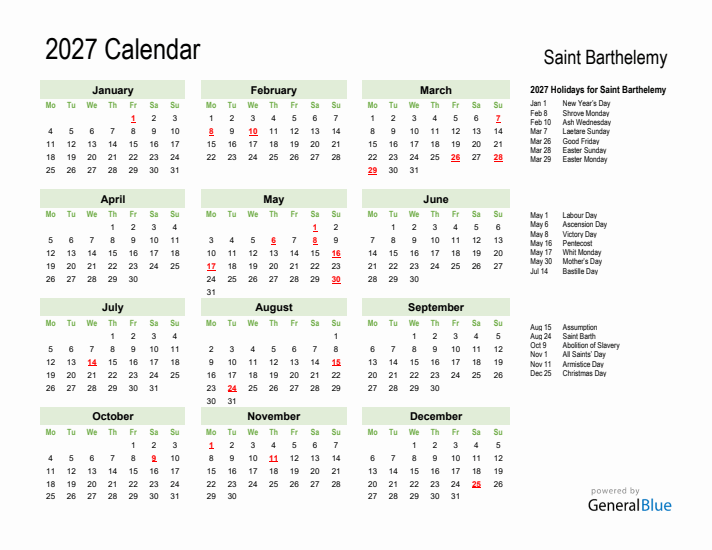 Holiday Calendar 2027 for Saint Barthelemy (Monday Start)