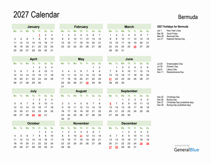 Holiday Calendar 2027 for Bermuda (Monday Start)