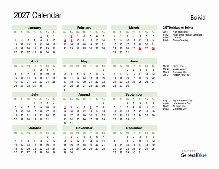 Holiday Calendar 2027 for Bolivia (Monday Start)