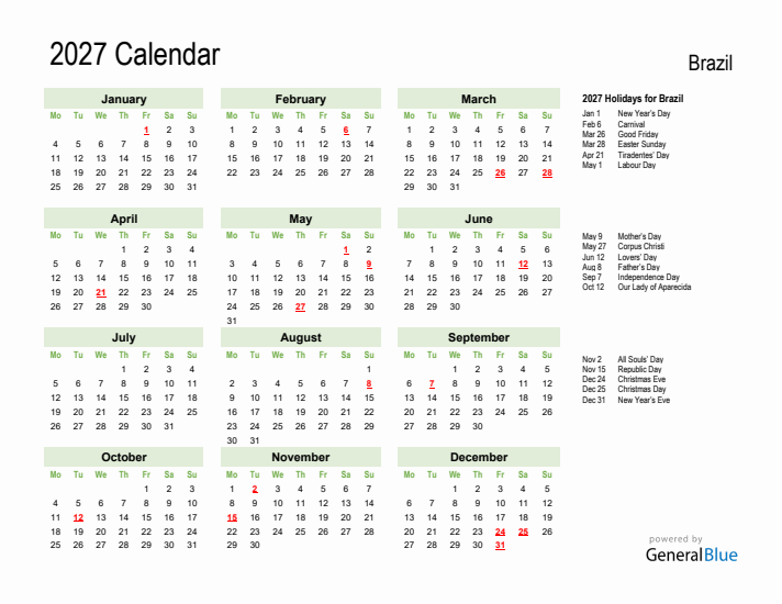 Holiday Calendar 2027 for Brazil (Monday Start)