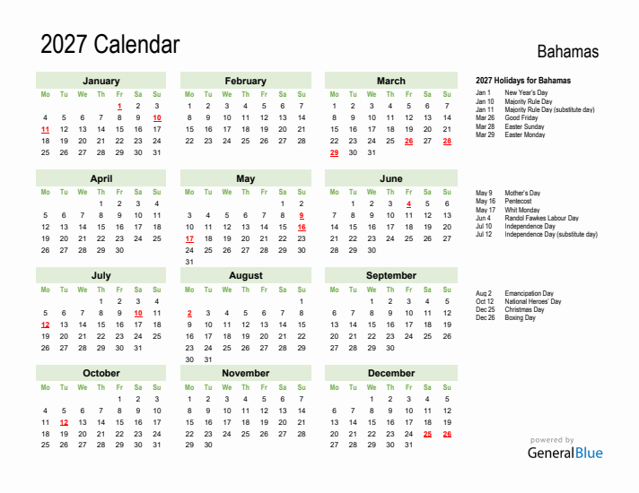 Holiday Calendar 2027 for Bahamas (Monday Start)
