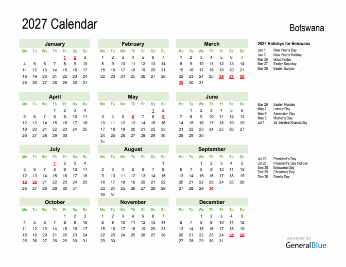 Holiday Calendar 2027 for Botswana (Monday Start)
