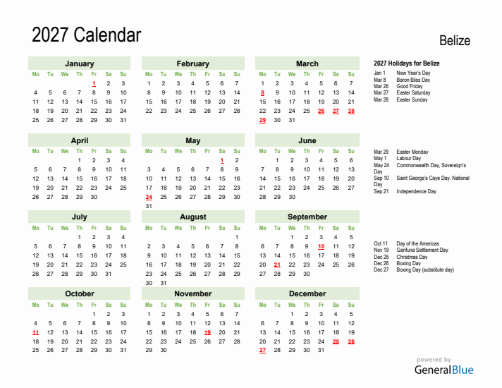 Holiday Calendar 2027 for Belize (Monday Start)