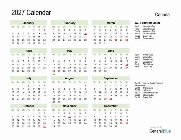 Holiday Calendar 2027 for Canada (Monday Start)