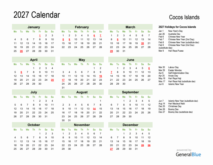 Holiday Calendar 2027 for Cocos Islands (Monday Start)