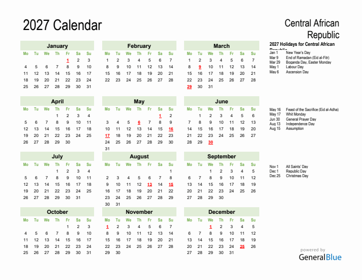 Holiday Calendar 2027 for Central African Republic (Monday Start)
