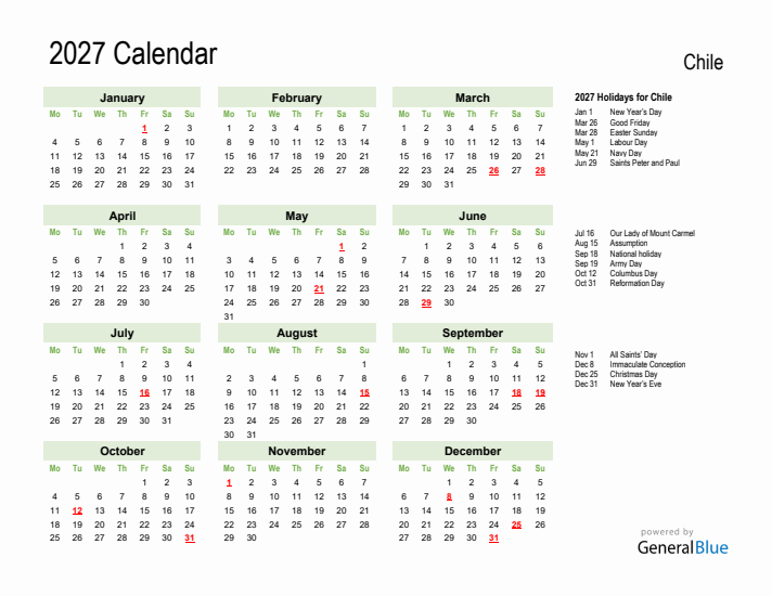 Holiday Calendar 2027 for Chile (Monday Start)