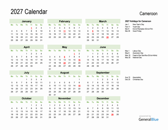 Holiday Calendar 2027 for Cameroon (Monday Start)