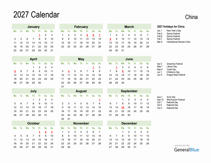 Holiday Calendar 2027 for China (Monday Start)