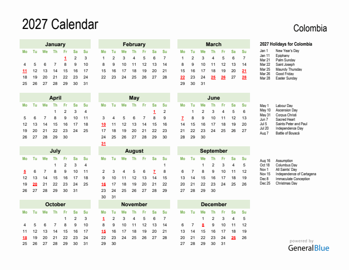 Holiday Calendar 2027 for Colombia (Monday Start)