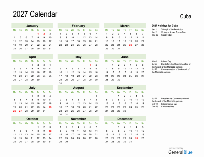 Holiday Calendar 2027 for Cuba (Monday Start)