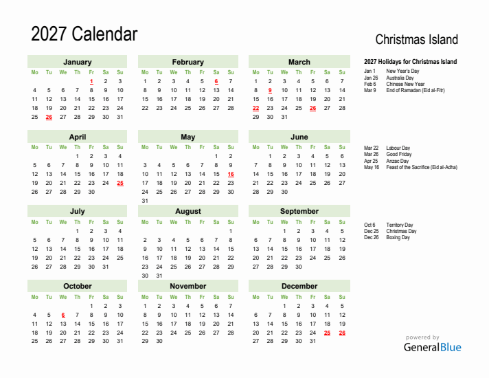 Holiday Calendar 2027 for Christmas Island (Monday Start)