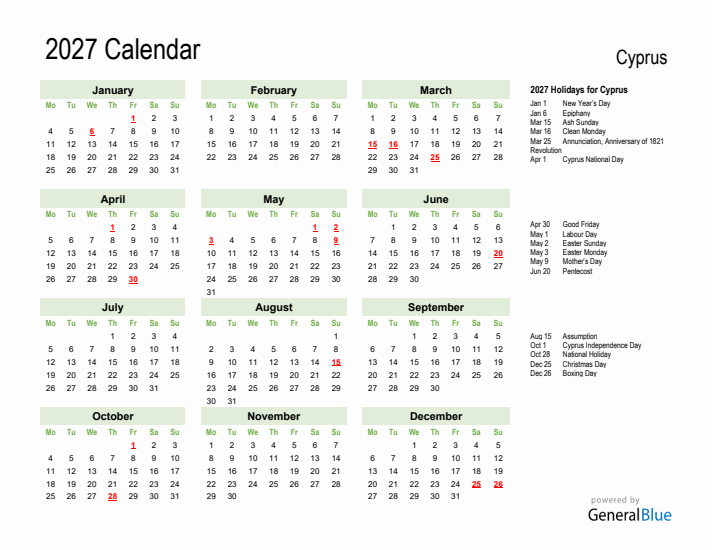 Holiday Calendar 2027 for Cyprus (Monday Start)