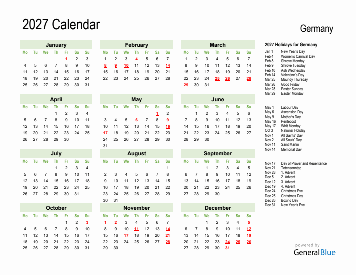 Holiday Calendar 2027 for Germany (Monday Start)