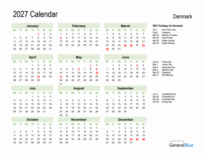 Holiday Calendar 2027 for Denmark (Monday Start)