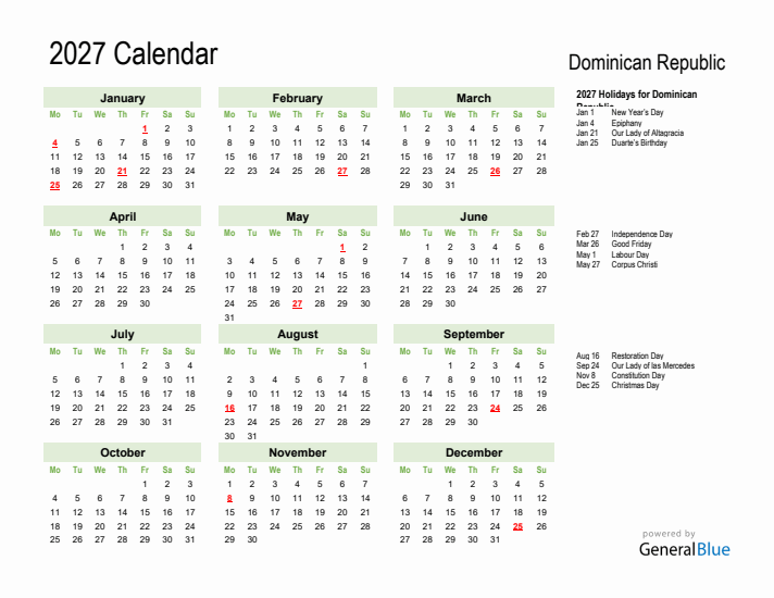 Holiday Calendar 2027 for Dominican Republic (Monday Start)