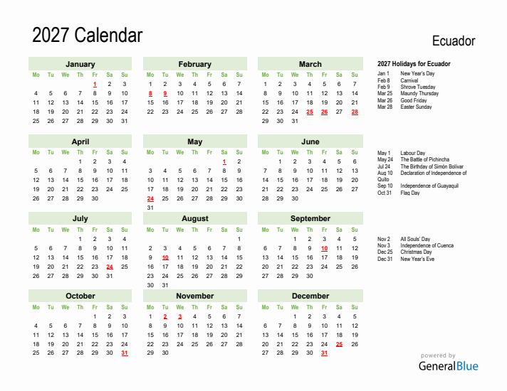 Holiday Calendar 2027 for Ecuador (Monday Start)