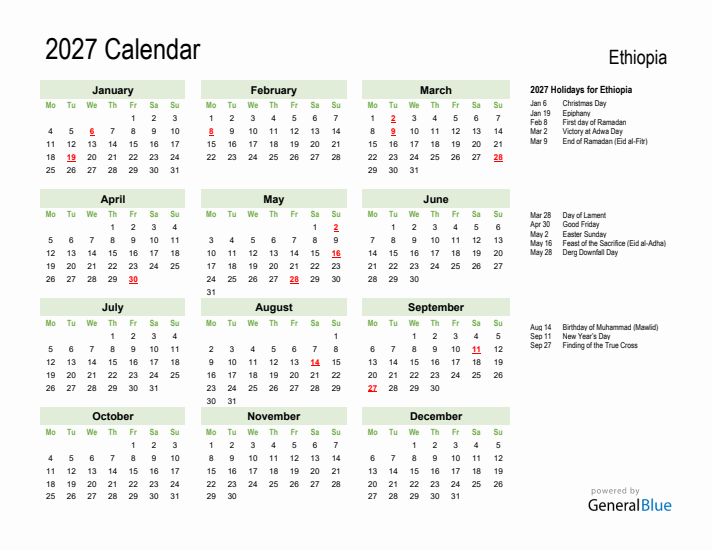 Holiday Calendar 2027 for Ethiopia (Monday Start)