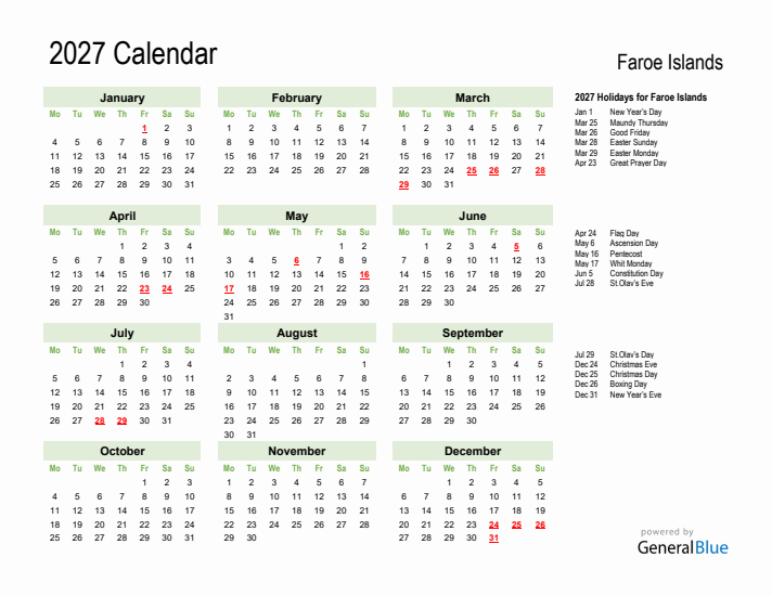 Holiday Calendar 2027 for Faroe Islands (Monday Start)