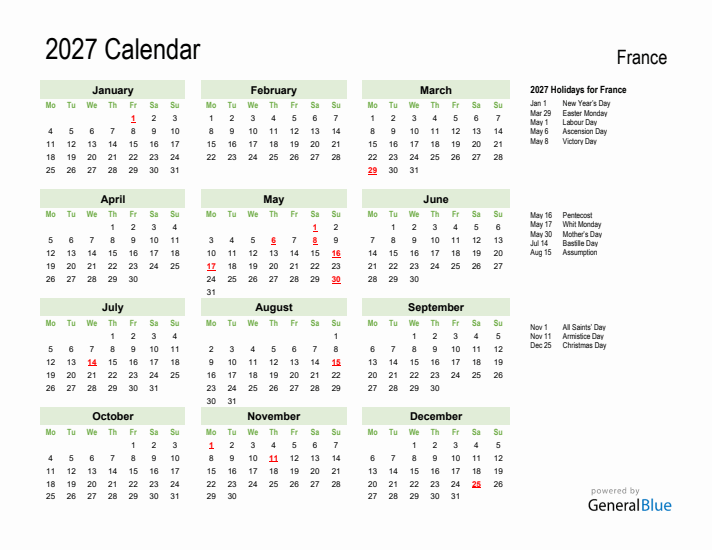 Holiday Calendar 2027 for France (Monday Start)