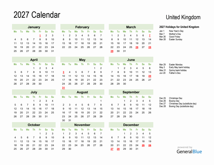 Holiday Calendar 2027 for United Kingdom (Monday Start)