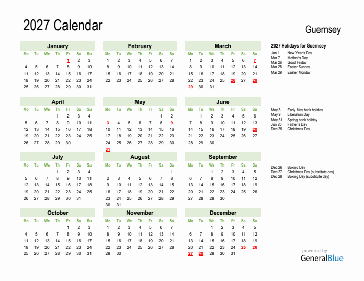 Holiday Calendar 2027 for Guernsey (Monday Start)