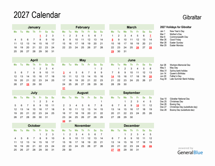 Holiday Calendar 2027 for Gibraltar (Monday Start)