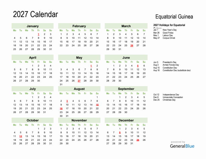 Holiday Calendar 2027 for Equatorial Guinea (Monday Start)