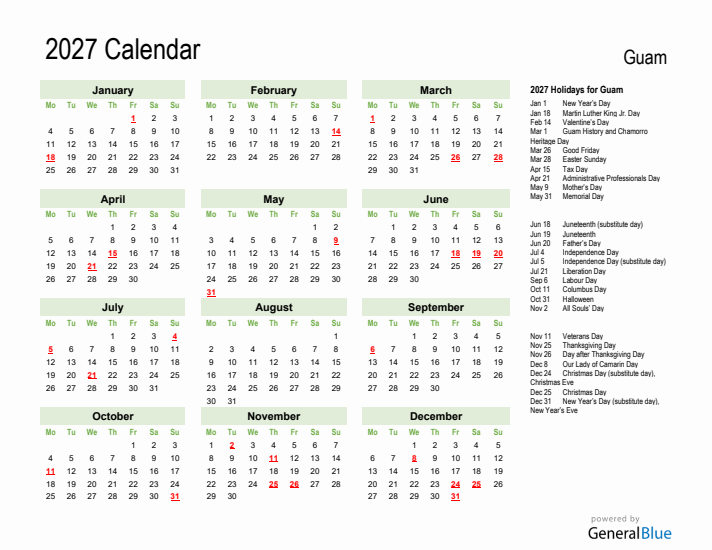 Holiday Calendar 2027 for Guam (Monday Start)